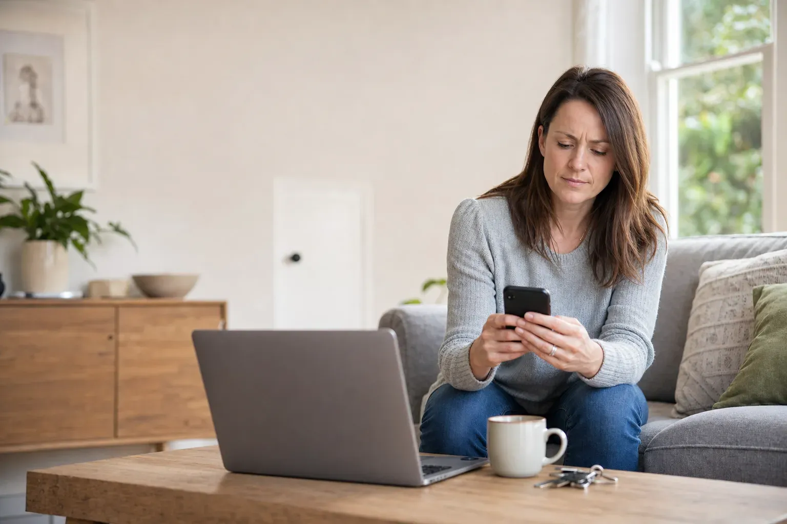 A homeowner at home looking for a tradesperson on her phone, a laptop open beside her