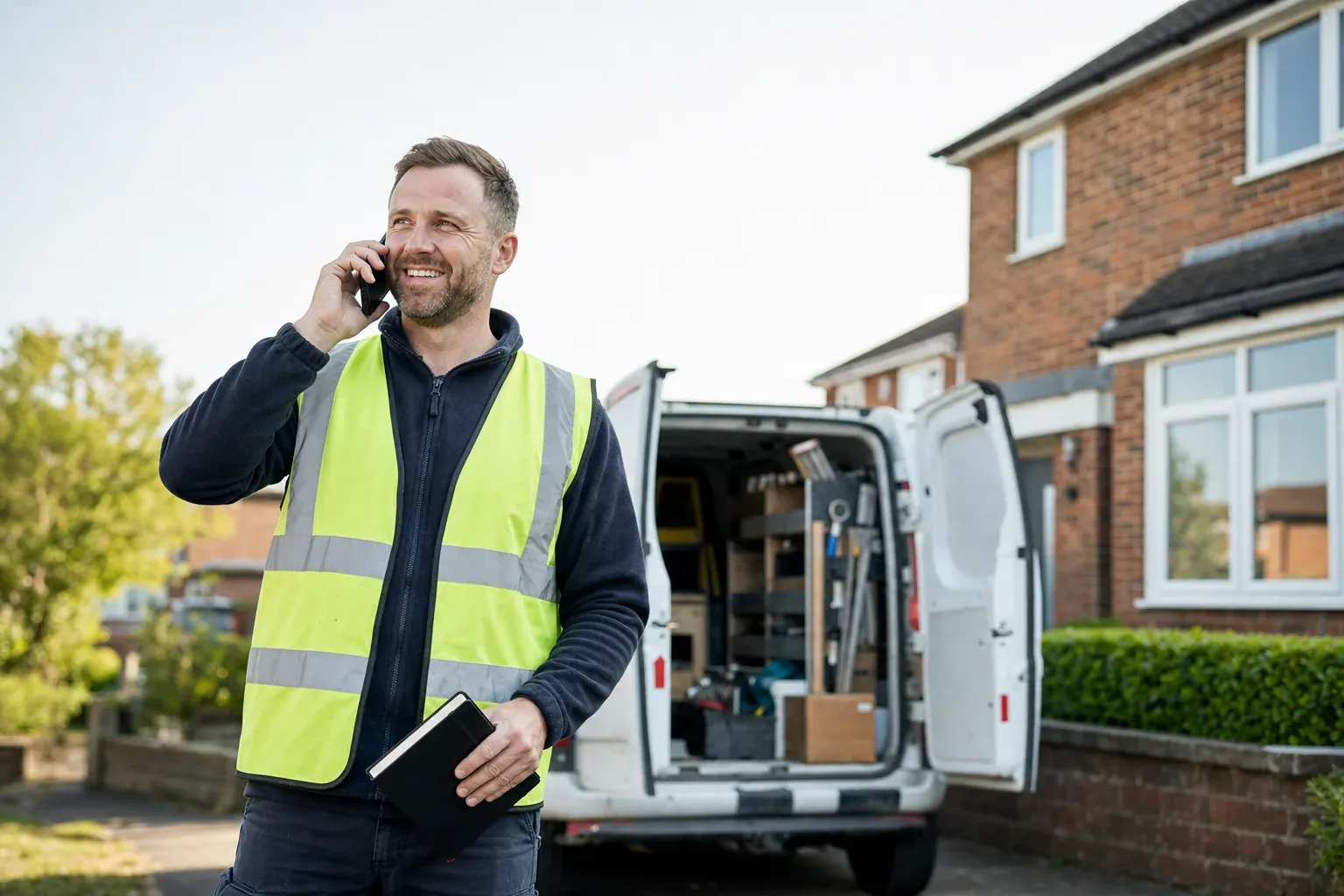 A tradesperson taking a call beside their van outside a UK house