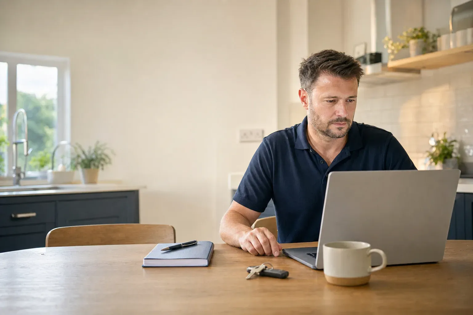 A trades business owner working through costs on a laptop at the kitchen table