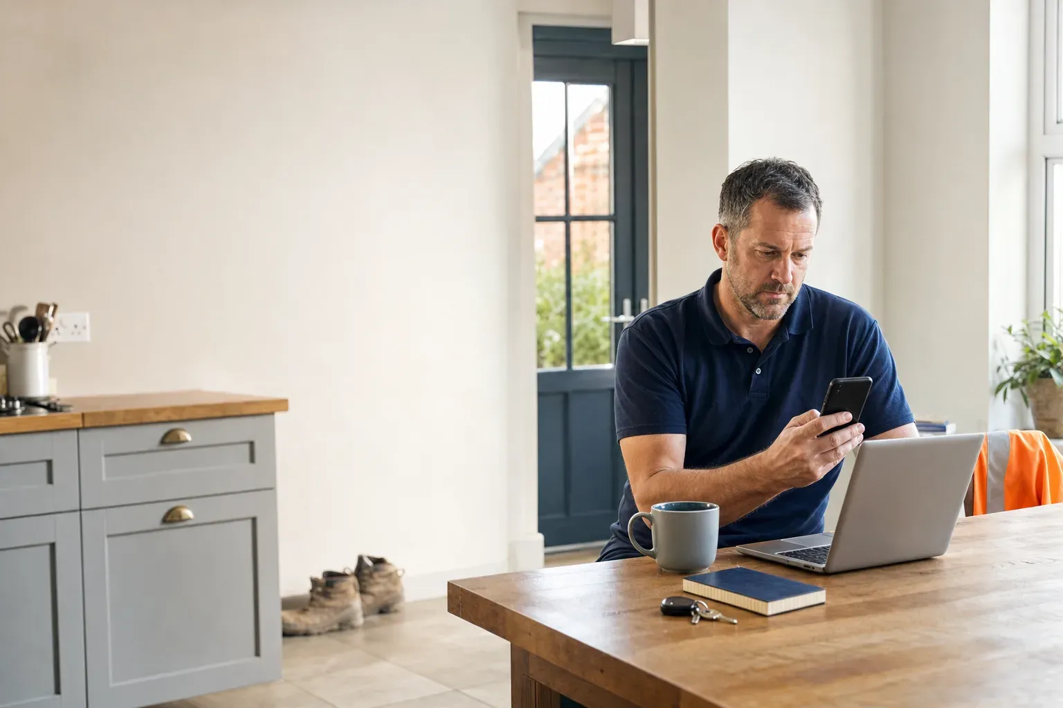 A trades business owner at a kitchen table checking a quiet phone beside an open laptop