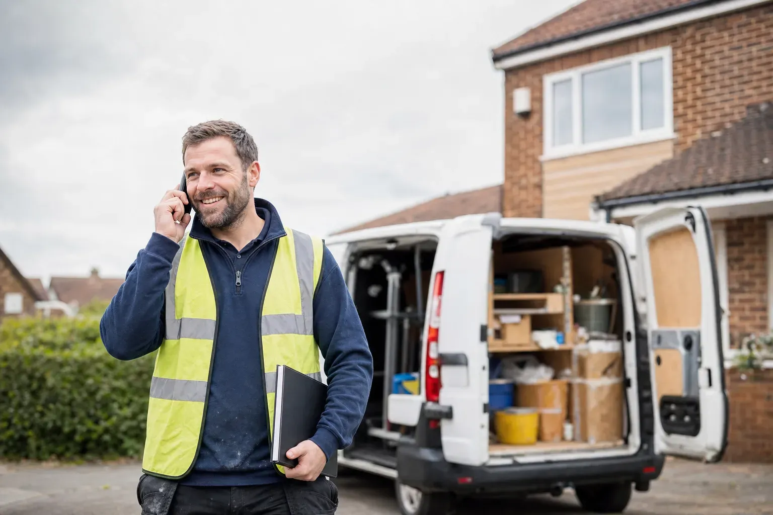 A smiling tradesperson in hi-vis taking a call beside his open van