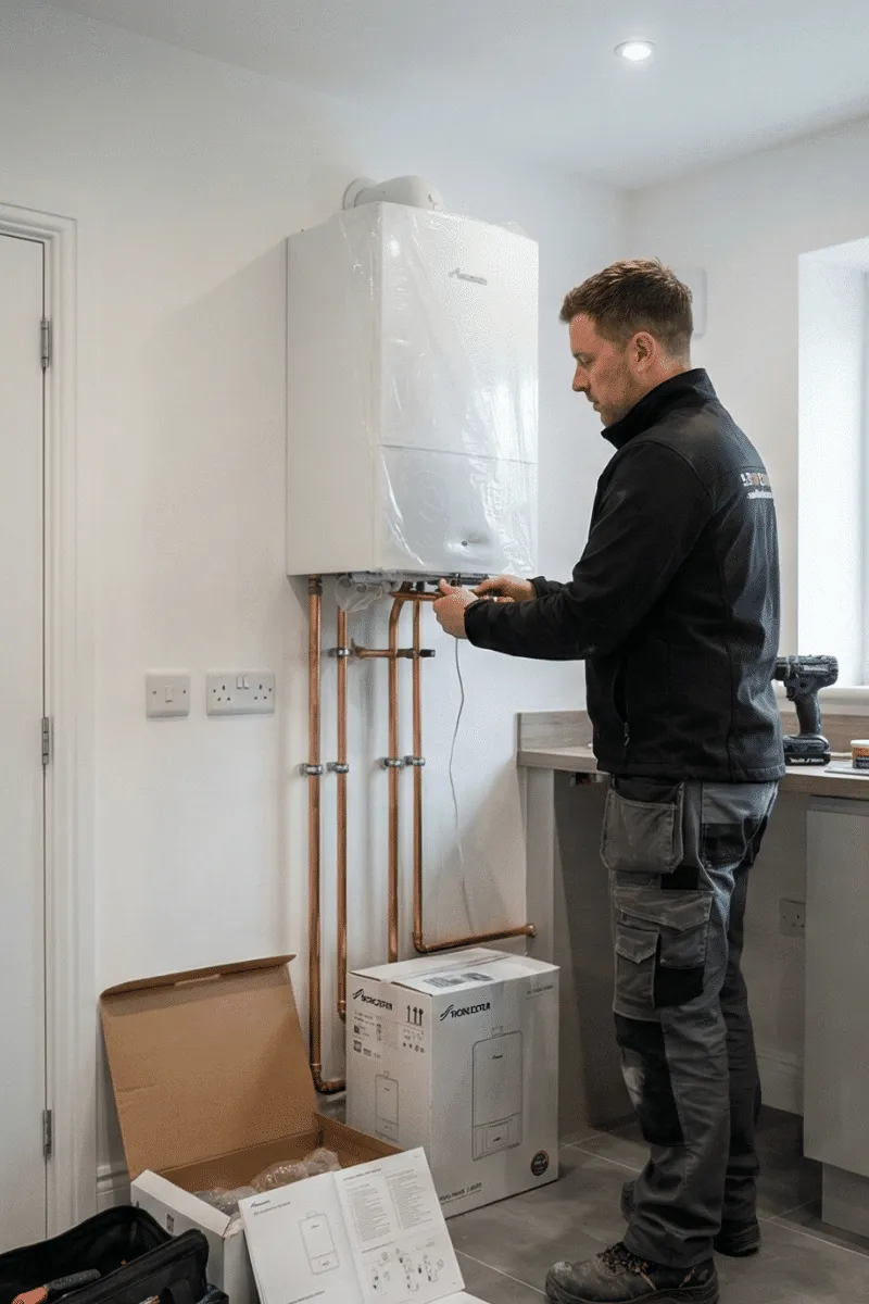 Heating engineer fitting a wall-mounted boiler and new copper pipework