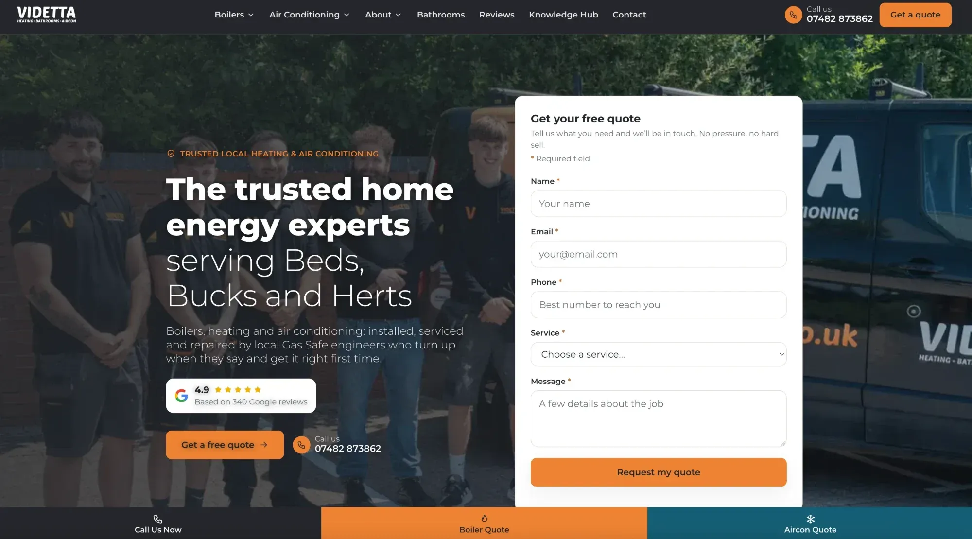 The Videtta Heating website, showing their team, their Google rating and a quote form