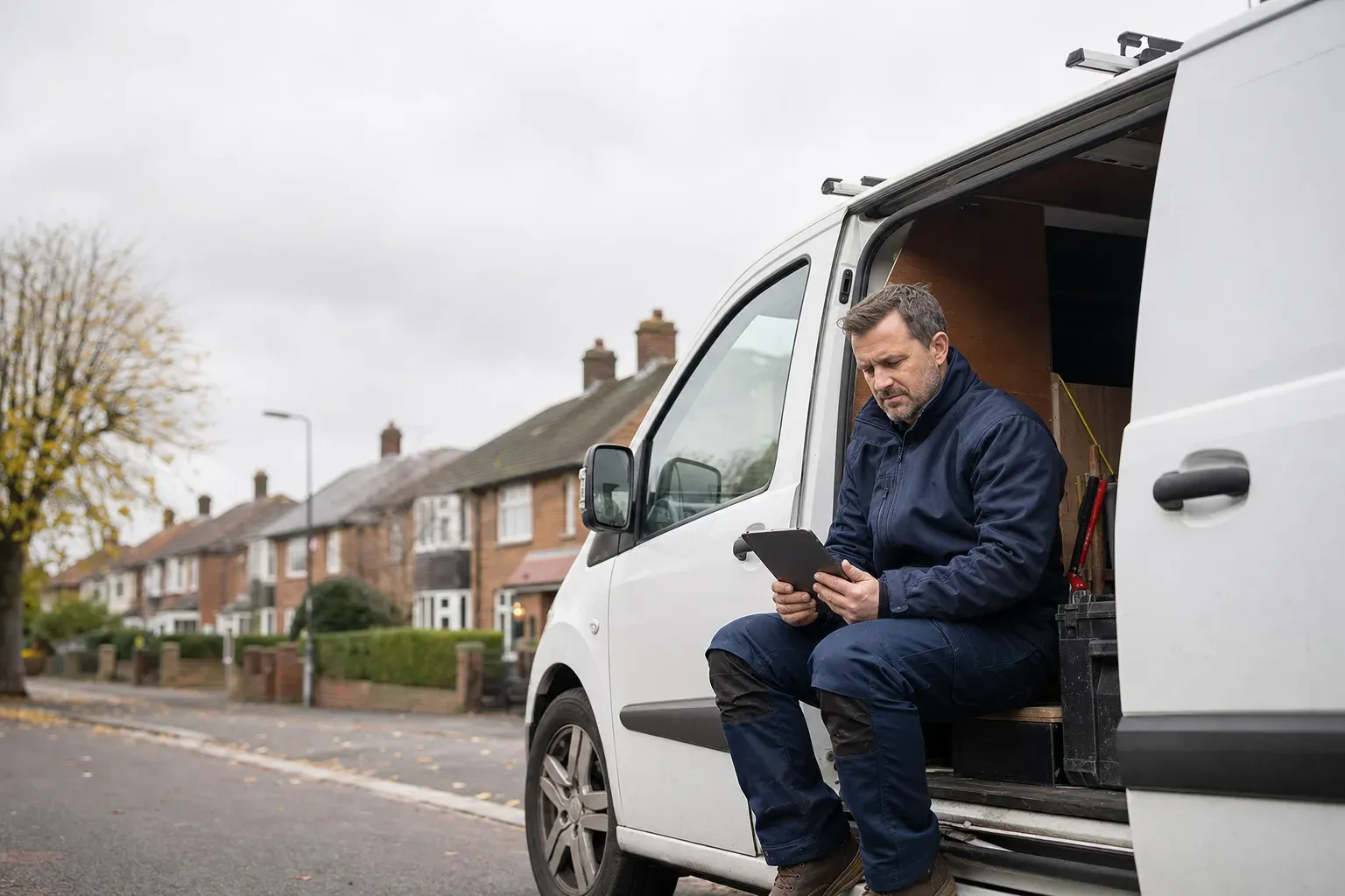 A heating engineer sitting in his van door checking his website figures on a tablet on a residential street
